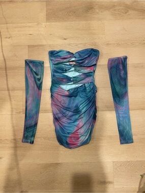 Strapless Ruched Tie-Dye Mini Dress with Detachable Sleeves - Multicolor
